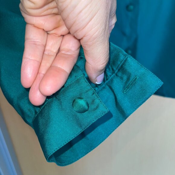Frank Young Vintage Womens Blouse Size 10 Green Twill Collared Pure Silk - Picture 7 of 10